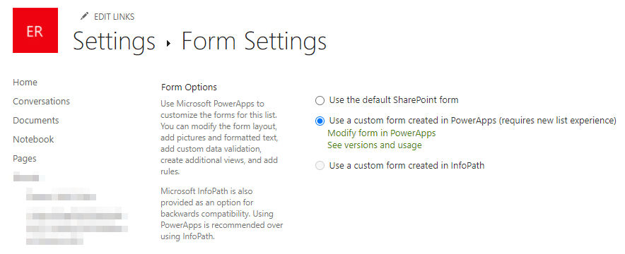 Copy Power Apps SharePoint Form - Use a custom form created in PowerApps selected