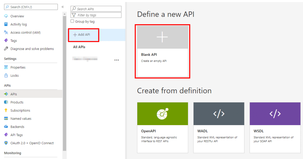 Create a new api through the Azure API Management