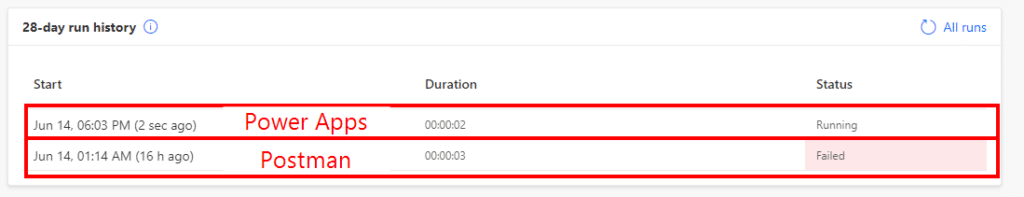 Flow trigger history - one showing the call from Postman and the other from Power Apps